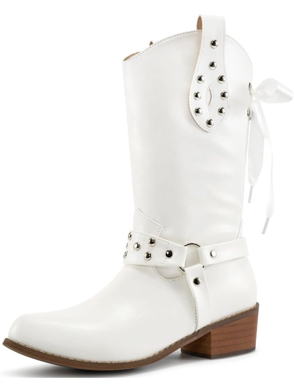 Women's White Faux Leather Fashion Western Mid Calf  Pointed Toe Cowgirl Boots